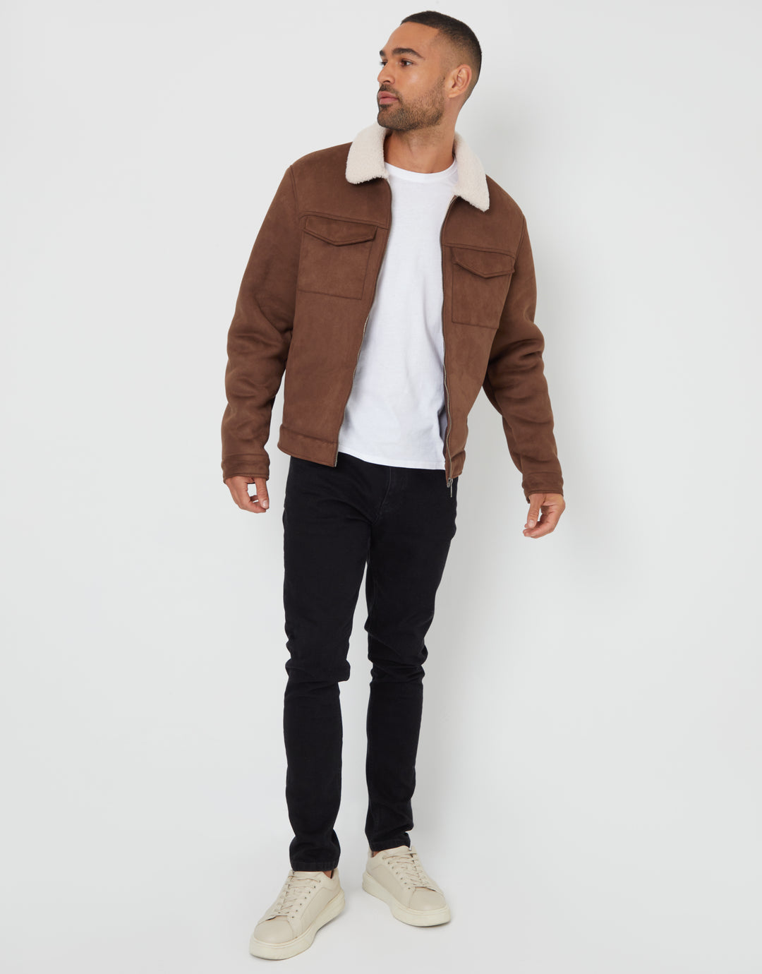 Taupe Faux Suede Borg Lined Aviator Jacket