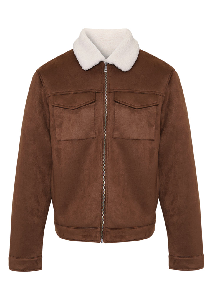 Taupe Faux Suede Borg Lined Aviator Jacket