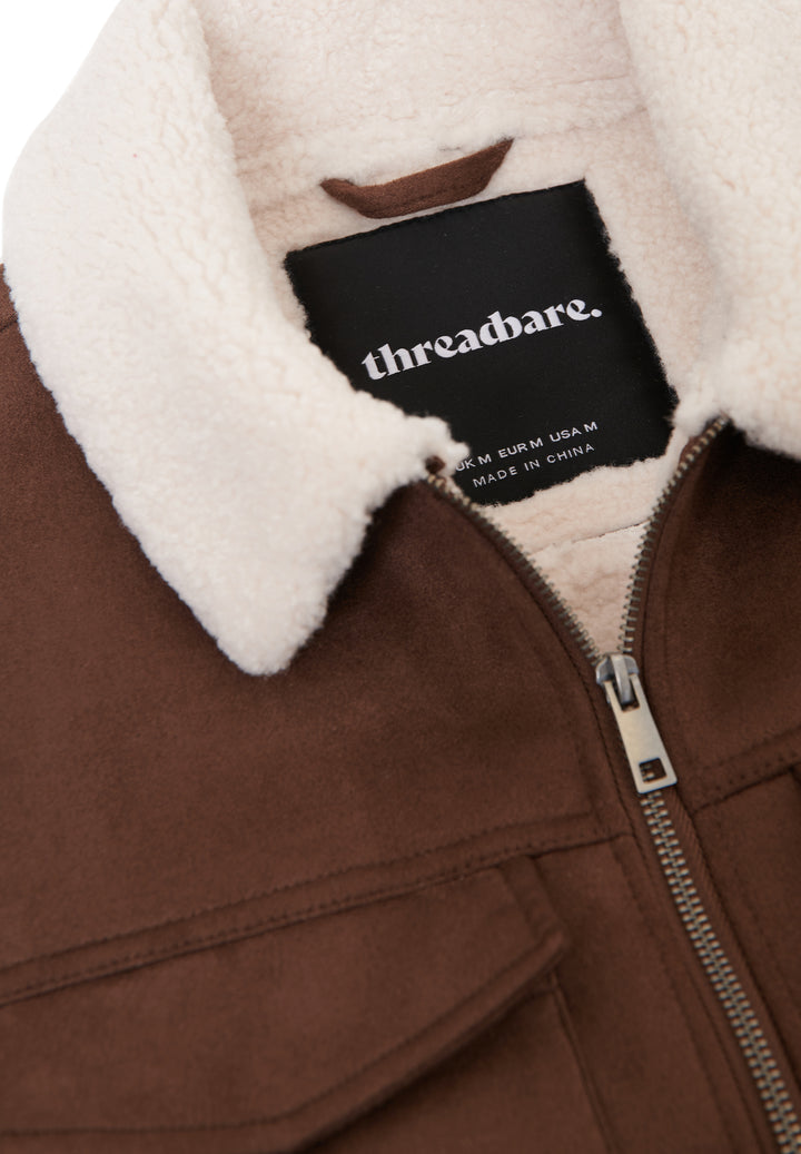 Taupe Faux Suede Borg Lined Aviator Jacket