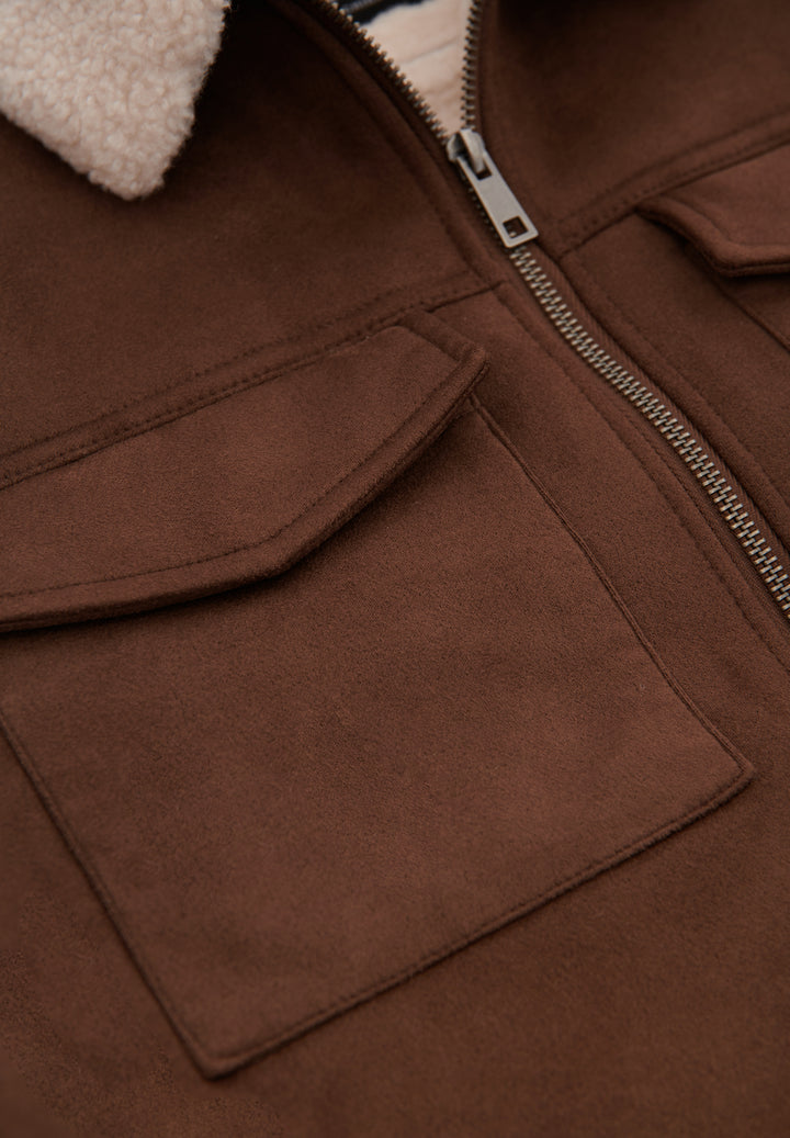 Taupe Faux Suede Borg Lined Aviator Jacket