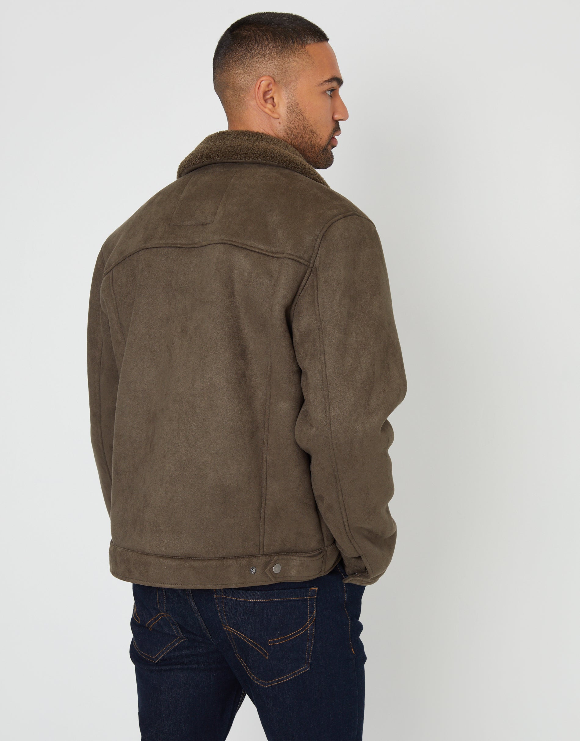 Threadbare Men's Khaki Green Faux Suede Borg Lined Aviator Jacket