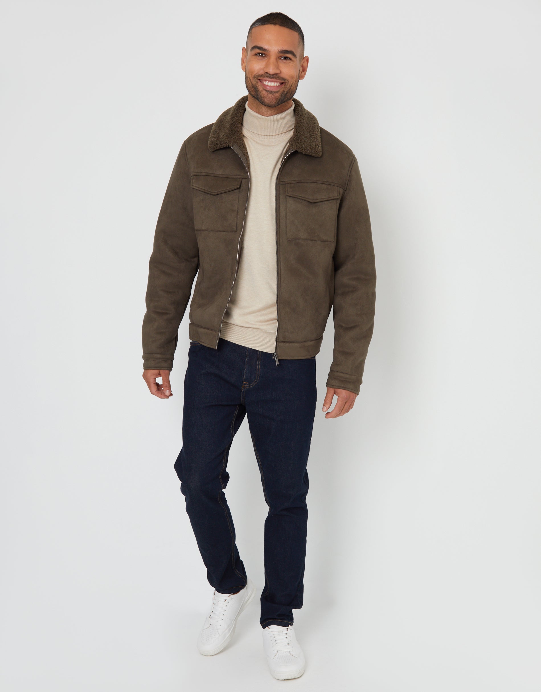 最終限定値下げ Uhr ウーア Fake Suede Jacket Khaki Threadbare Men's Khaki Green Faux Suede Borg Lined Aviator Jacket