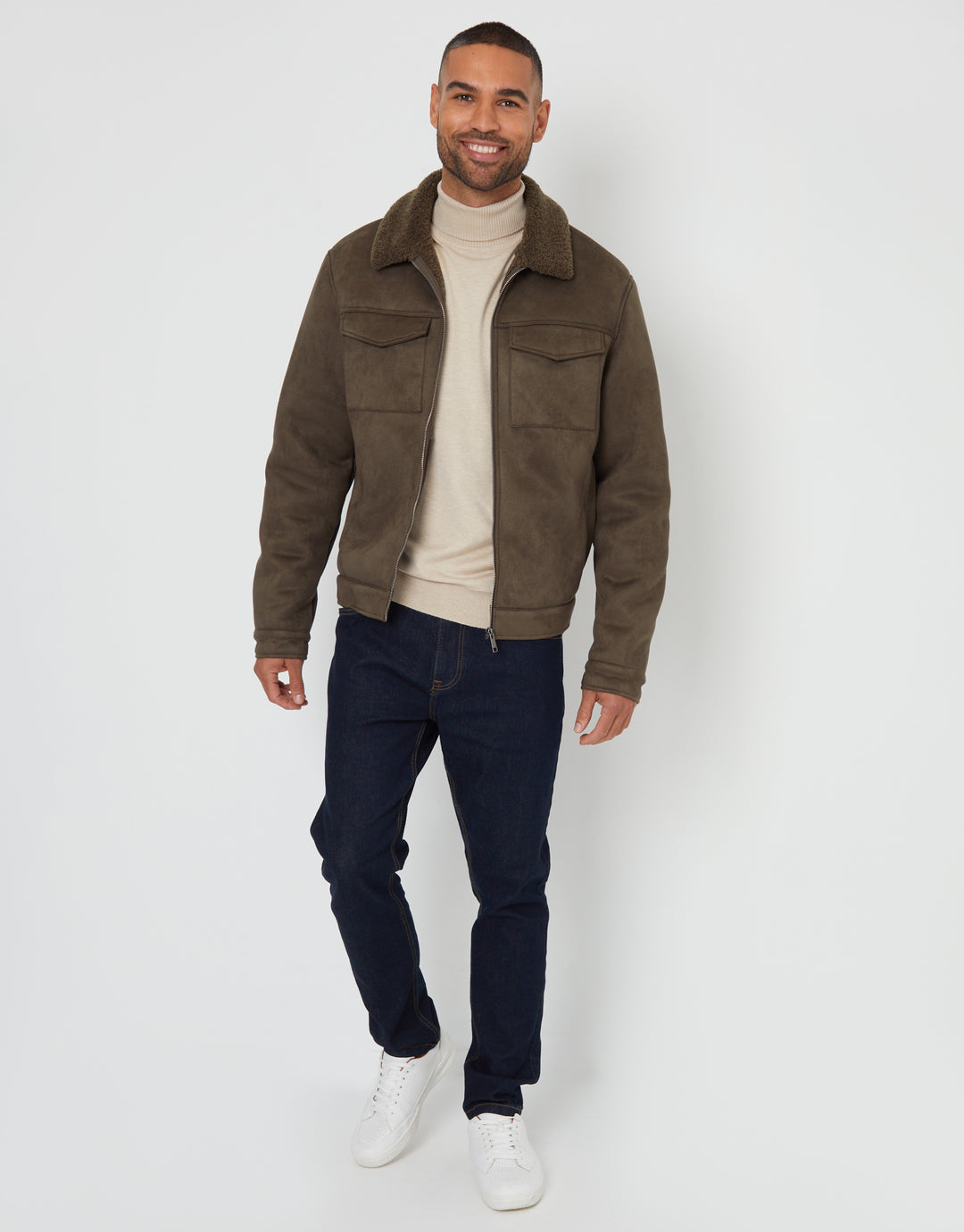 Khaki Green Faux Suede Borg Lined Aviator Jacket