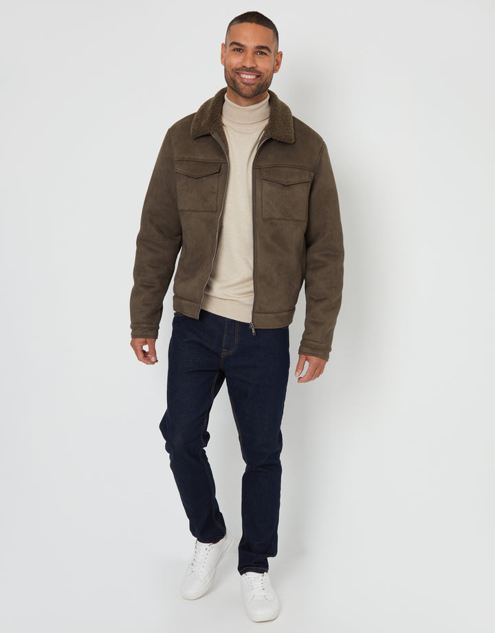 Khaki Green Faux Suede Borg Lined Aviator Jacket