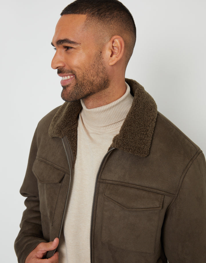 Khaki Green Faux Suede Borg Lined Aviator Jacket