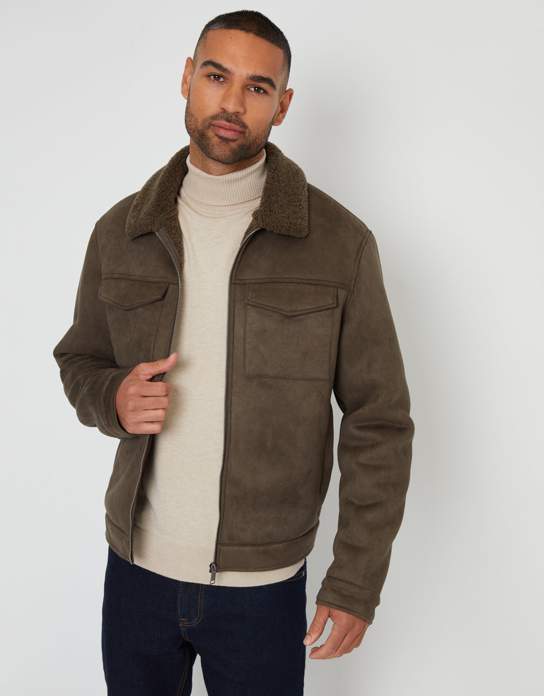 Khaki Green Faux Suede Borg Lined Aviator Jacket