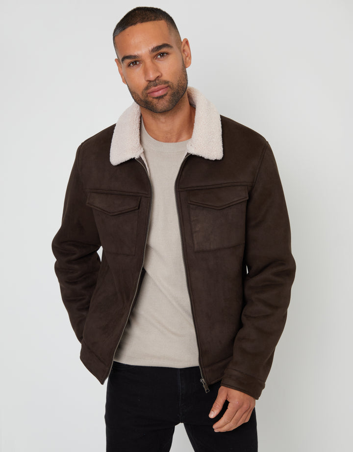 Faux Suede Borg Lined Aviator Jacket in Brown