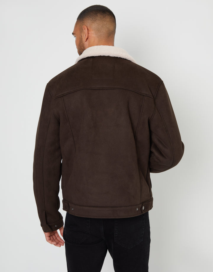 Faux Suede Borg Lined Aviator Jacket in Brown