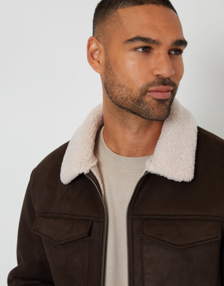 Faux Suede Borg Lined Aviator Jacket in Brown