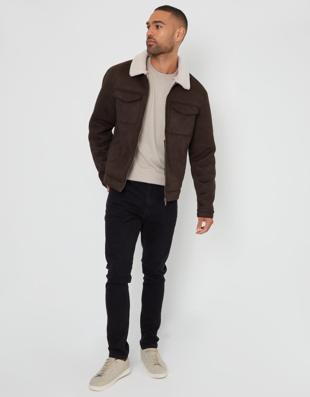 Faux Suede Borg Lined Aviator Jacket in Brown