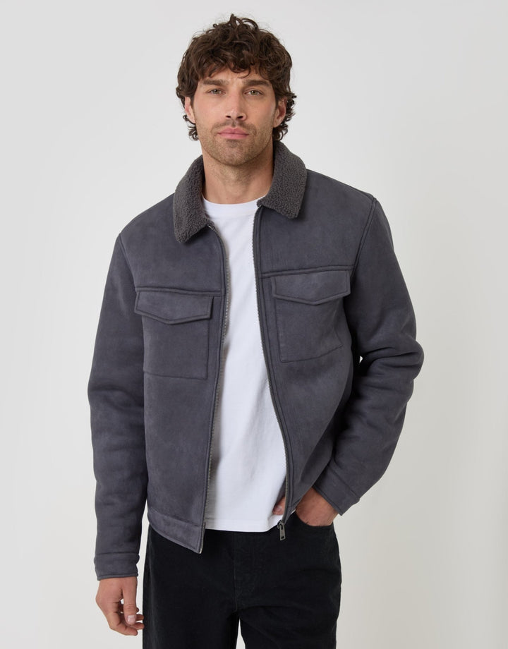 Faux Suede Borg Collar Jacket in Slate Grey