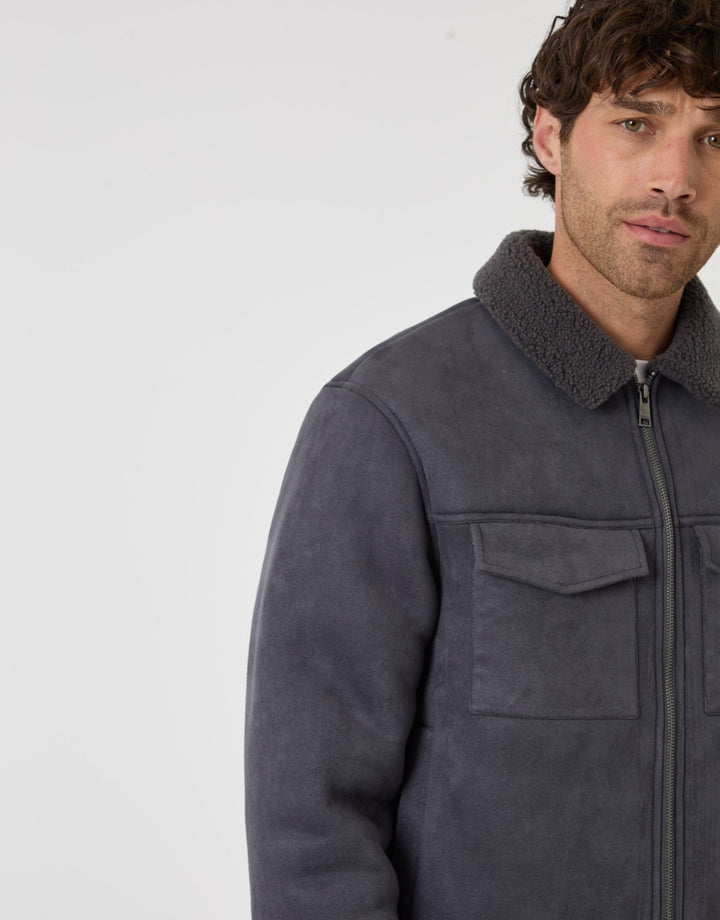 Faux Suede Borg Collar Jacket in Slate Grey
