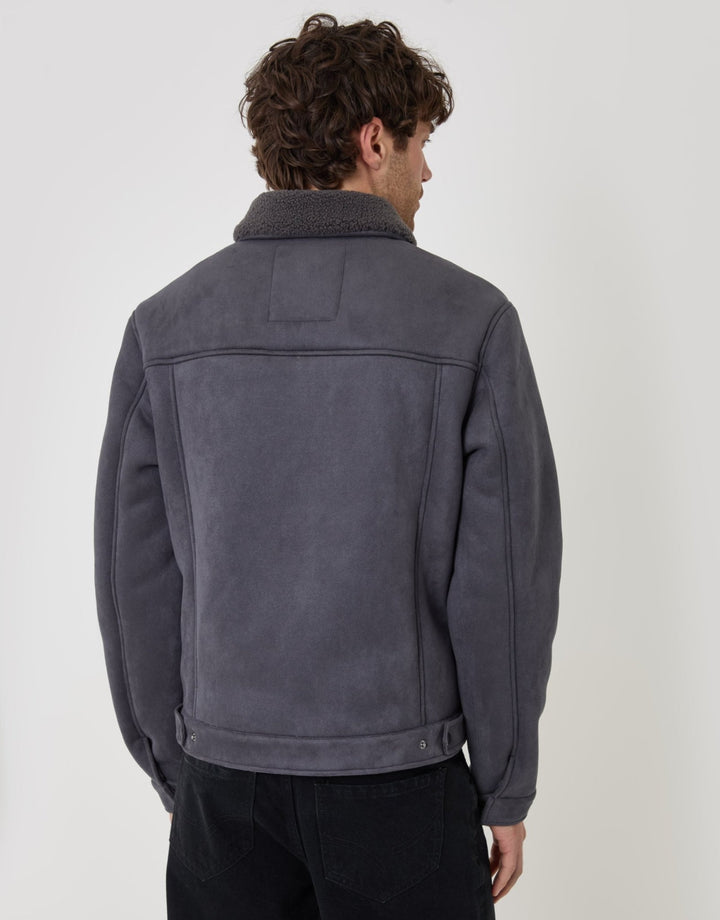 Faux Suede Borg Collar Jacket in Slate Grey