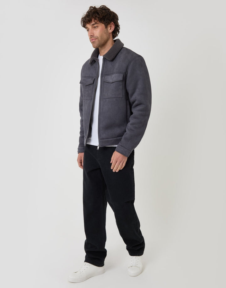 Faux Suede Borg Collar Jacket in Slate Grey