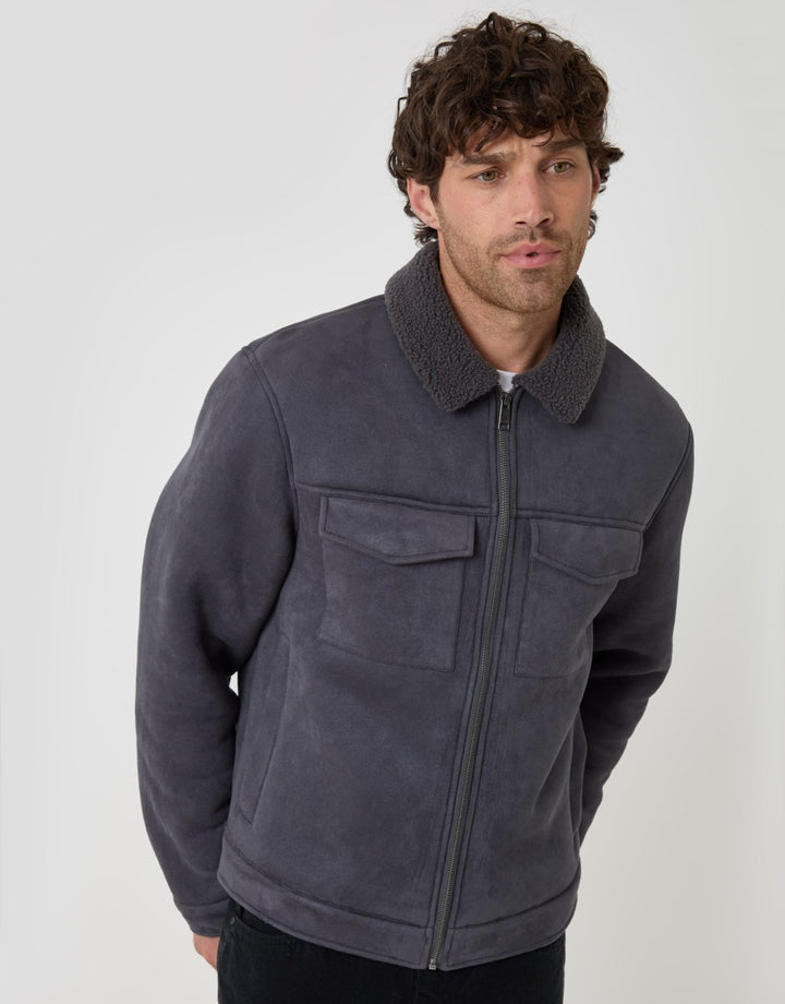 Faux Suede Borg Collar Jacket in Slate Grey