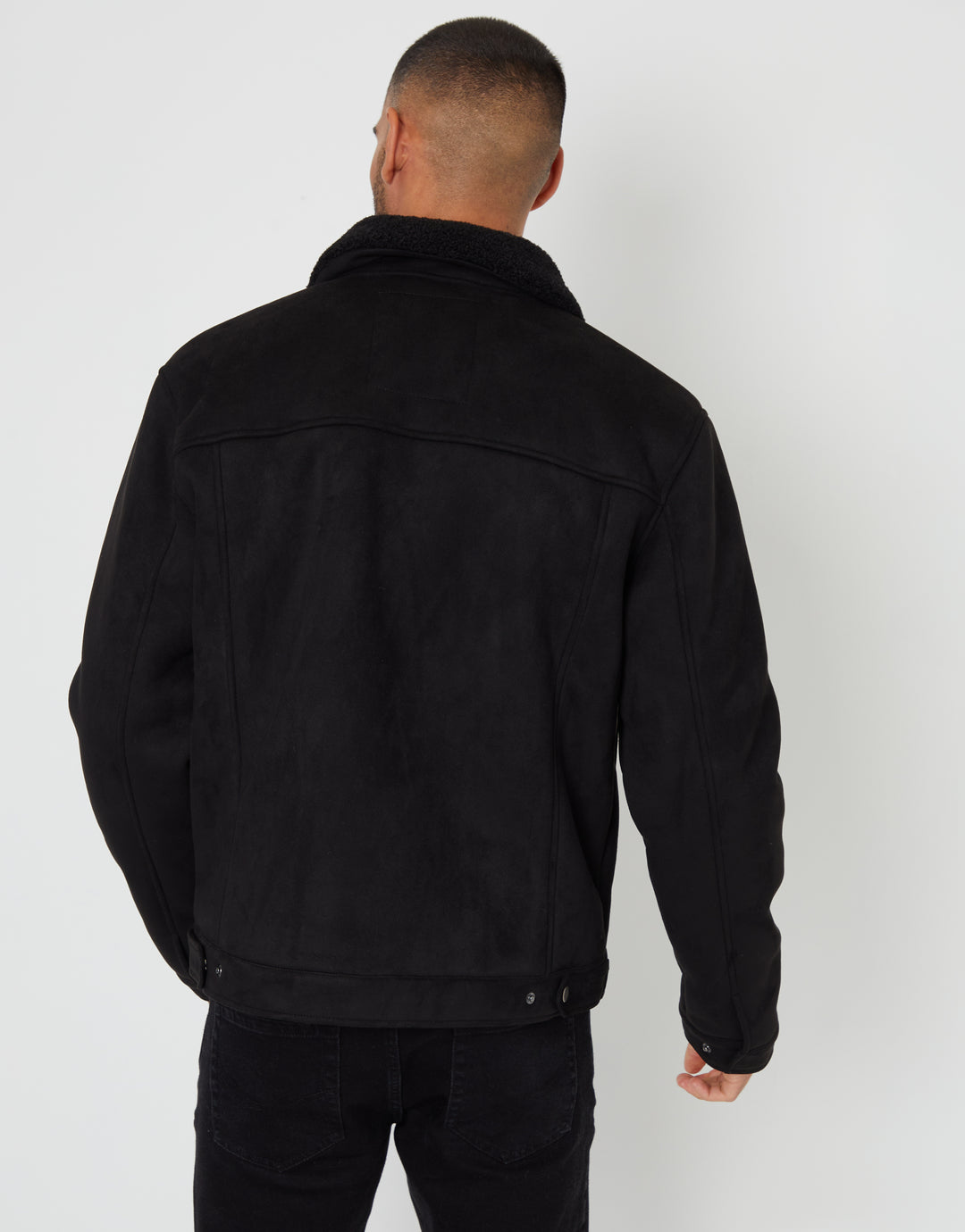 Black Faux Suede Borg Lined Aviator Jacket