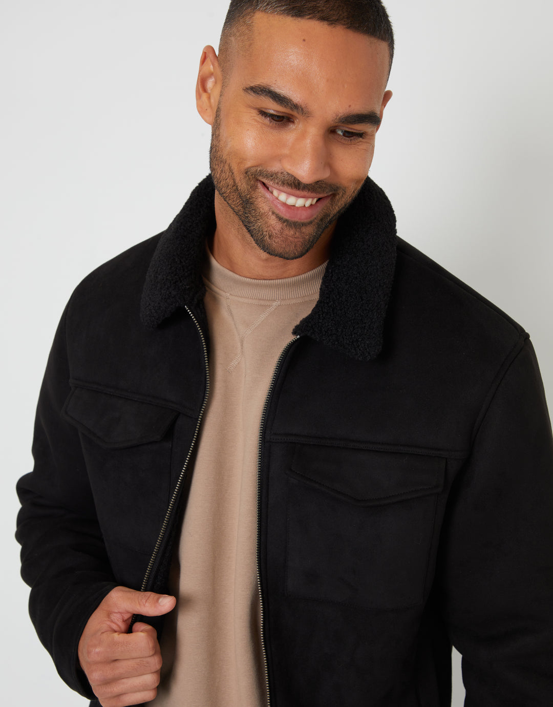 Black Faux Suede Borg Lined Aviator Jacket