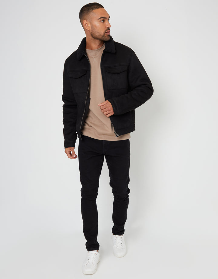 Black Faux Suede Borg Lined Aviator Jacket