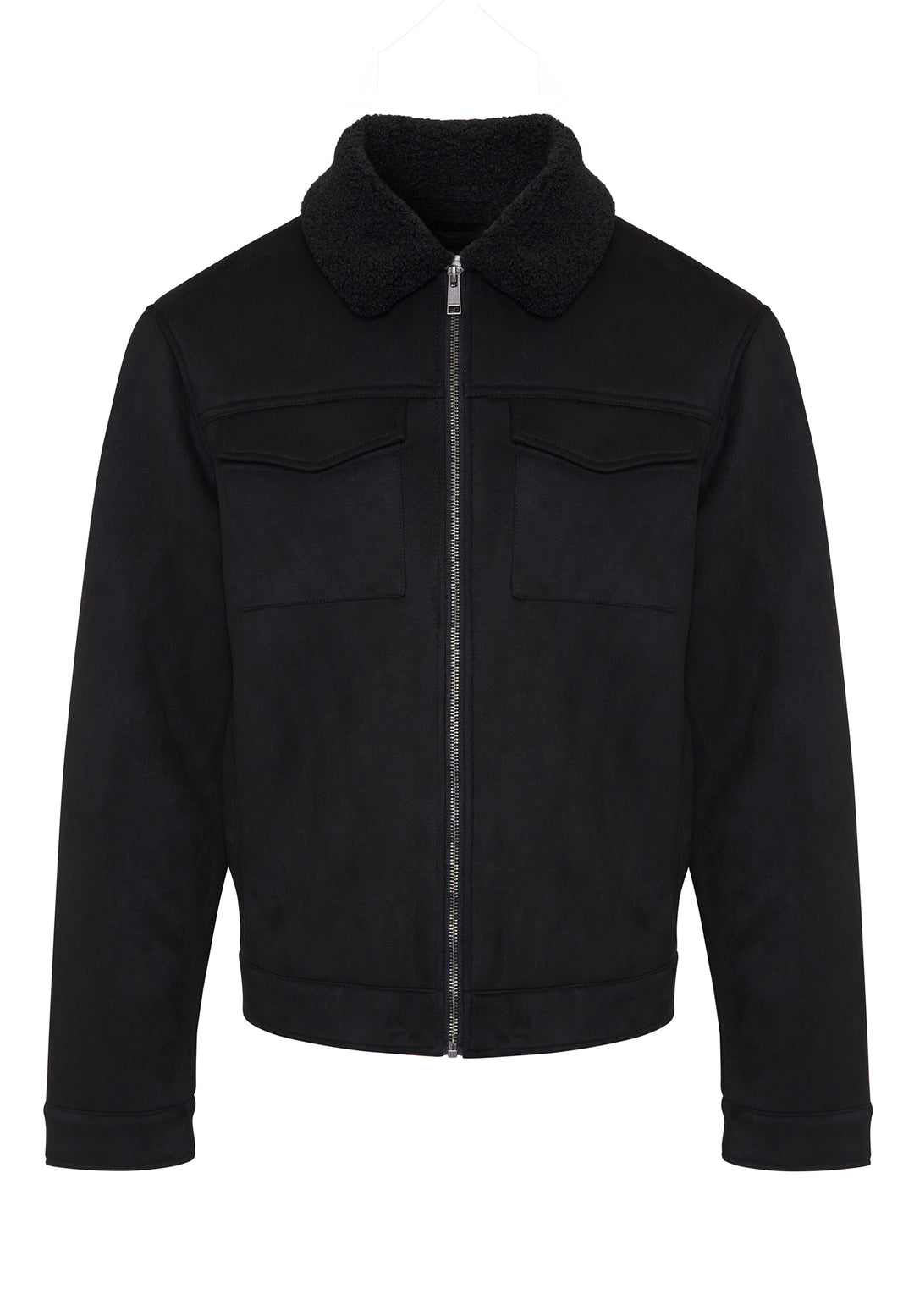 Black Faux Suede Borg Lined Aviator Jacket