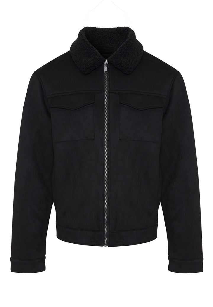 Black Faux Suede Borg Lined Aviator Jacket