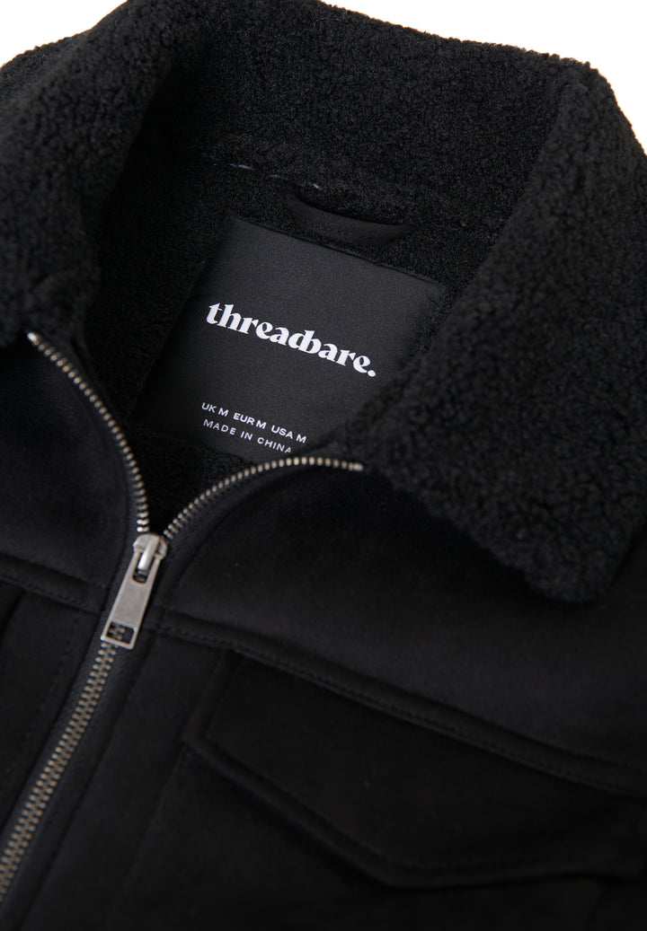 Black Faux Suede Borg Lined Aviator Jacket