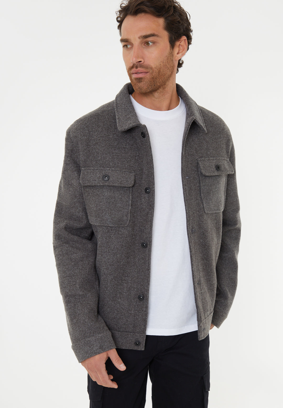 Threadbare Brushed Button Up Shacket in Charcoal Grey Marl - front view