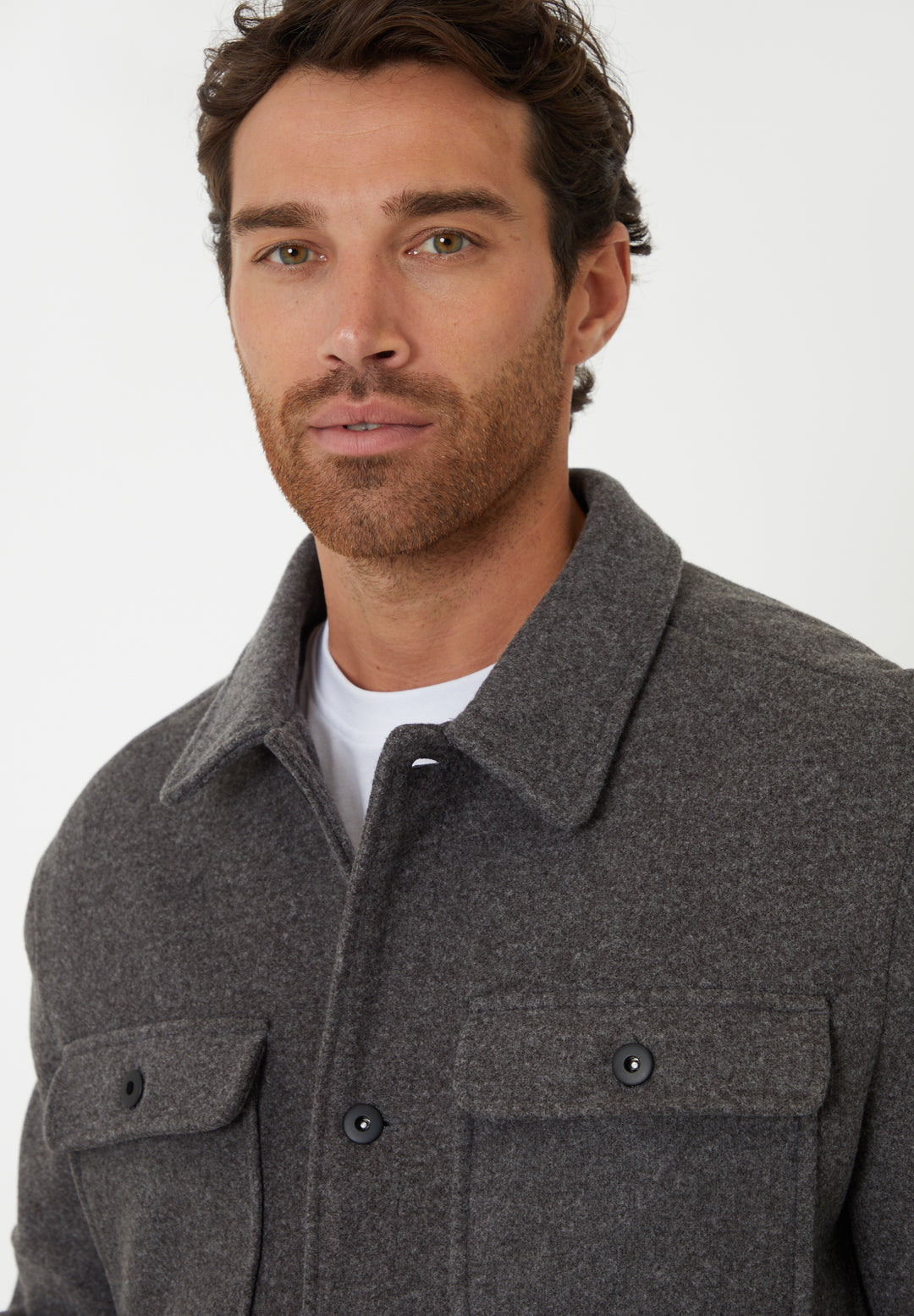 Threadbare Brushed Button Up Shacket in Charcoal Grey Marl - collar close up