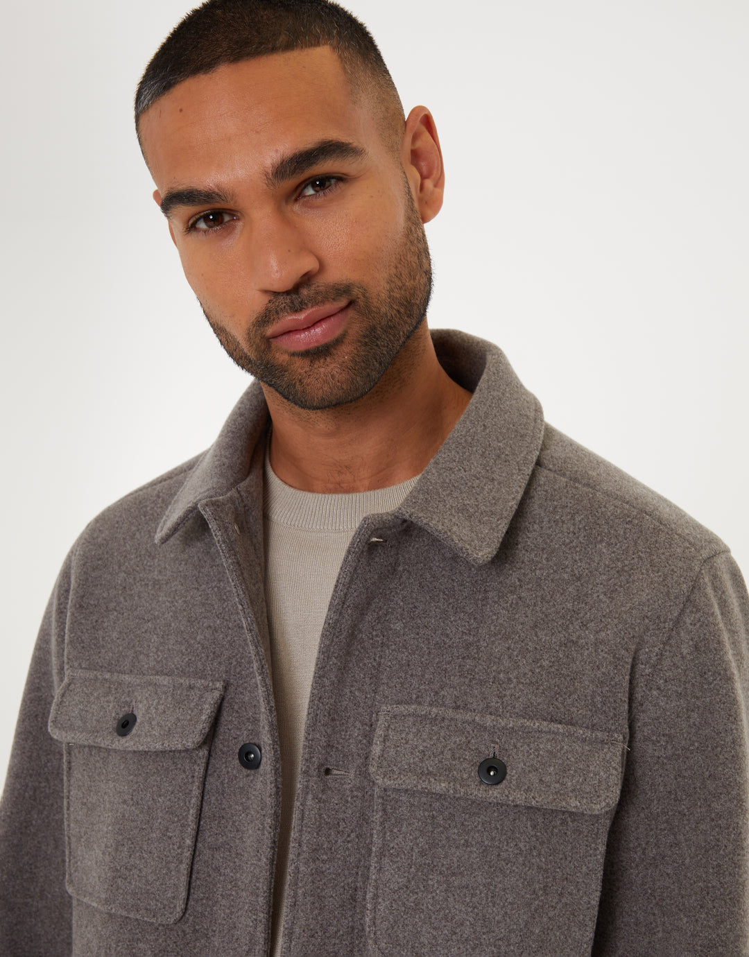 Threadbare Men's Taupe Marl Brushed Button Up Shacket