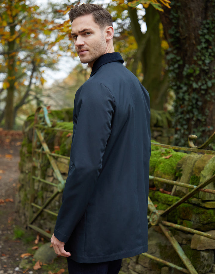 Navy Showerproof Longline Corduroy Collar Mac