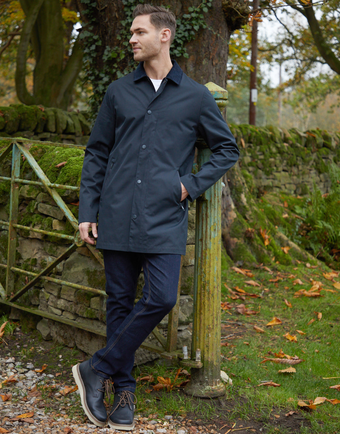 Navy Showerproof Longline Corduroy Collar Mac