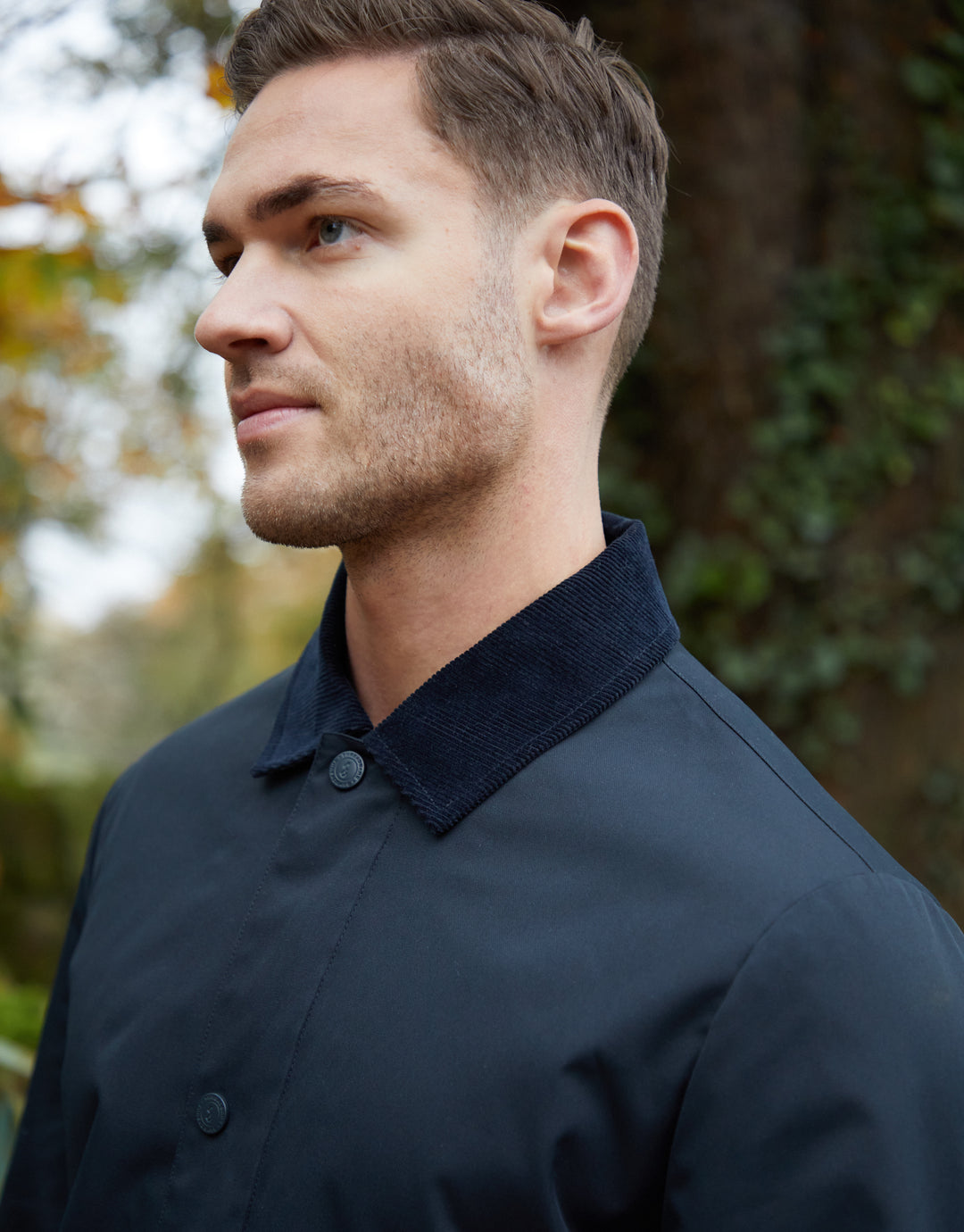 Navy Showerproof Longline Corduroy Collar Mac