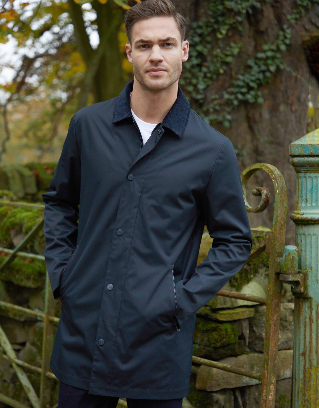 Navy Showerproof Longline Corduroy Collar Mac