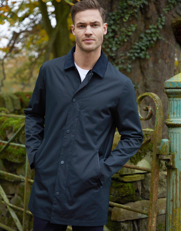 Navy Showerproof Longline Corduroy Collar Mac