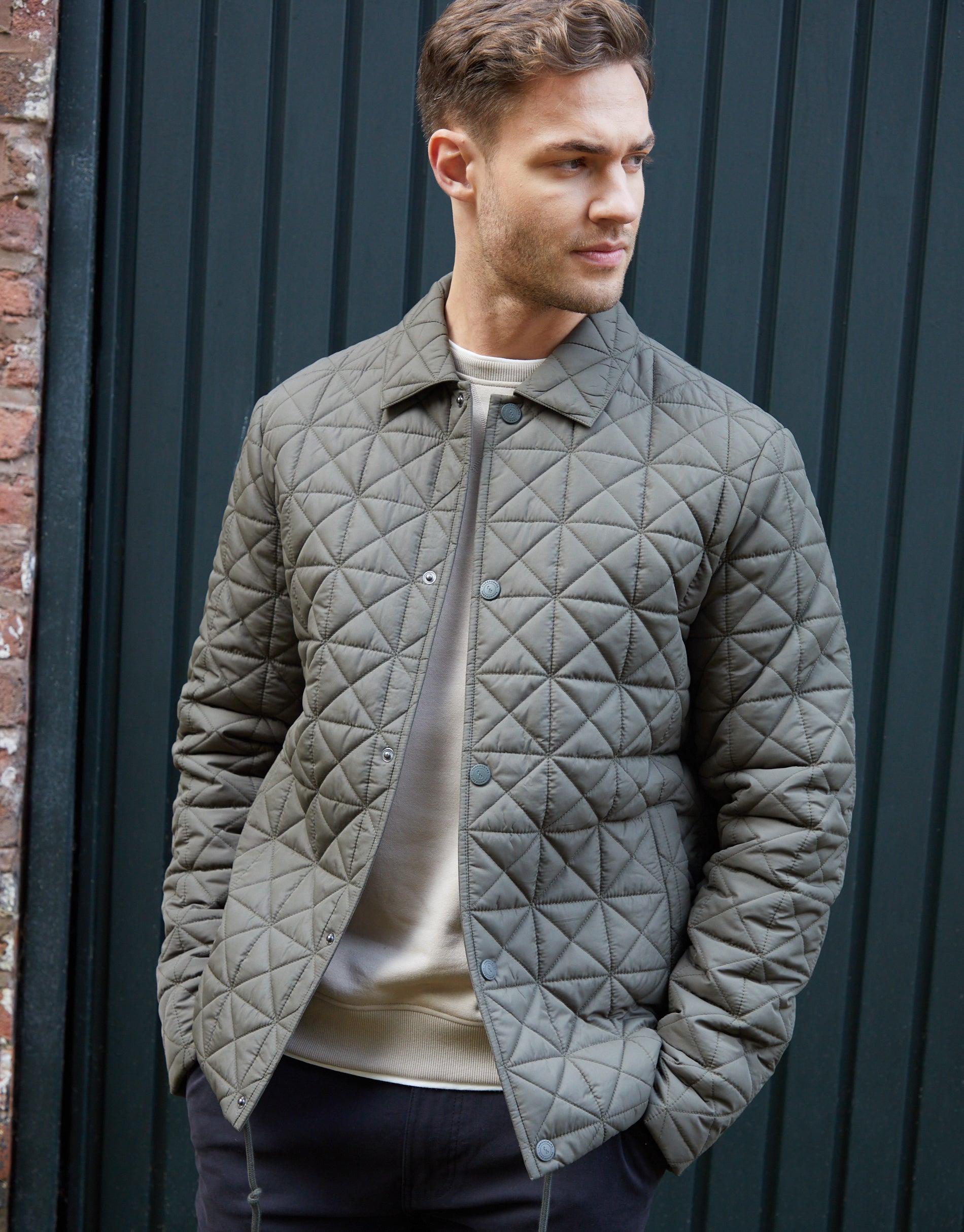 Threadbare Men's Khaki Green Collared Quilted Jacket