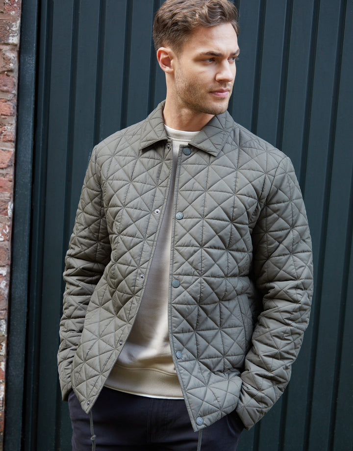 Khaki Green Collared Quilted Jacket
