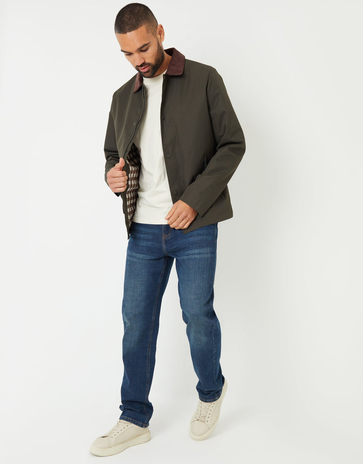 Khaki Green Showerproof Corduroy Collar Jacket