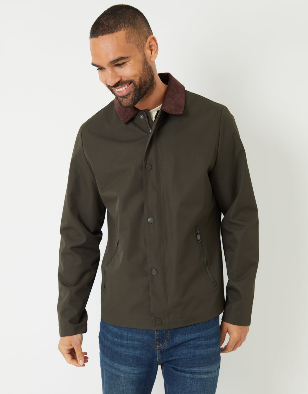 Khaki Green Showerproof Corduroy Collar Jacket