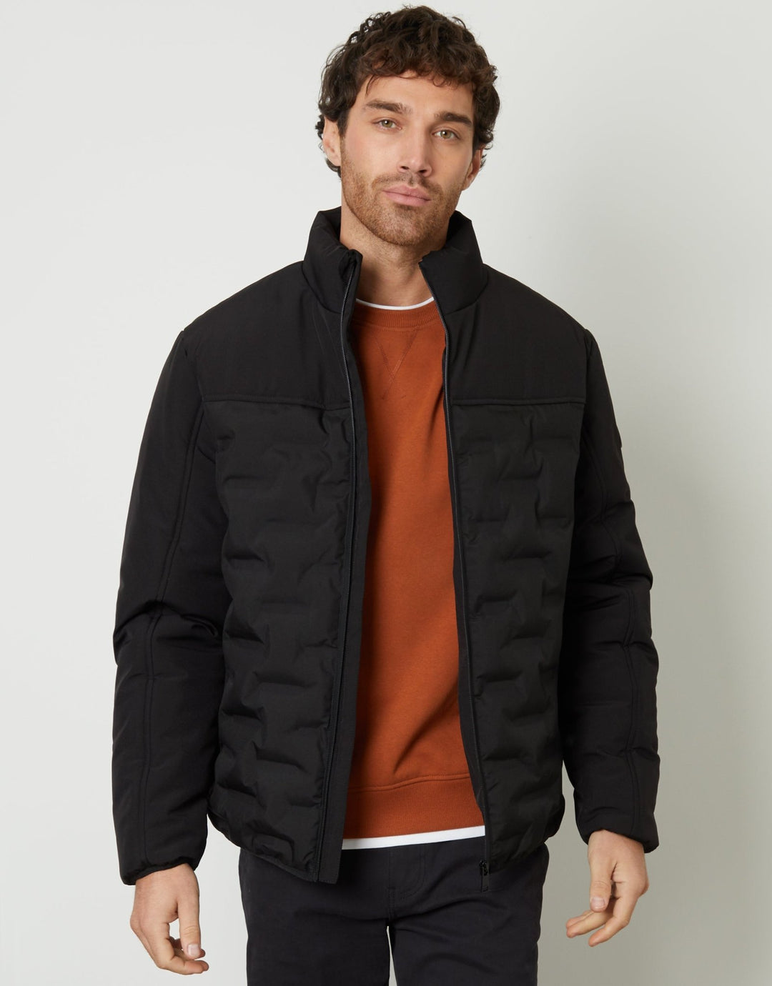 Front Panel Jacket Threadbare Men's Quilted Panel Funnel Neck Jacket in Black
