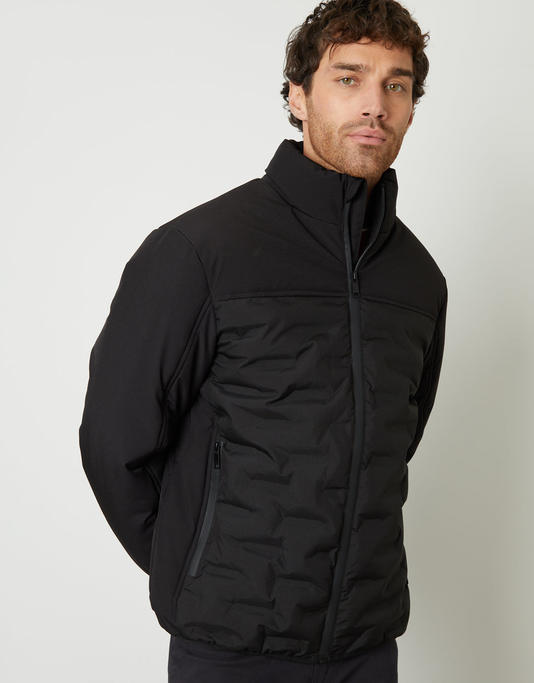 Black Quilted Panel Funnel Neck Jacket