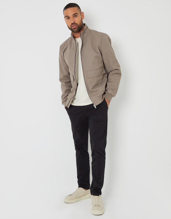 Taupe Patch Pocket Funnel Neck Harrington Style Jacket