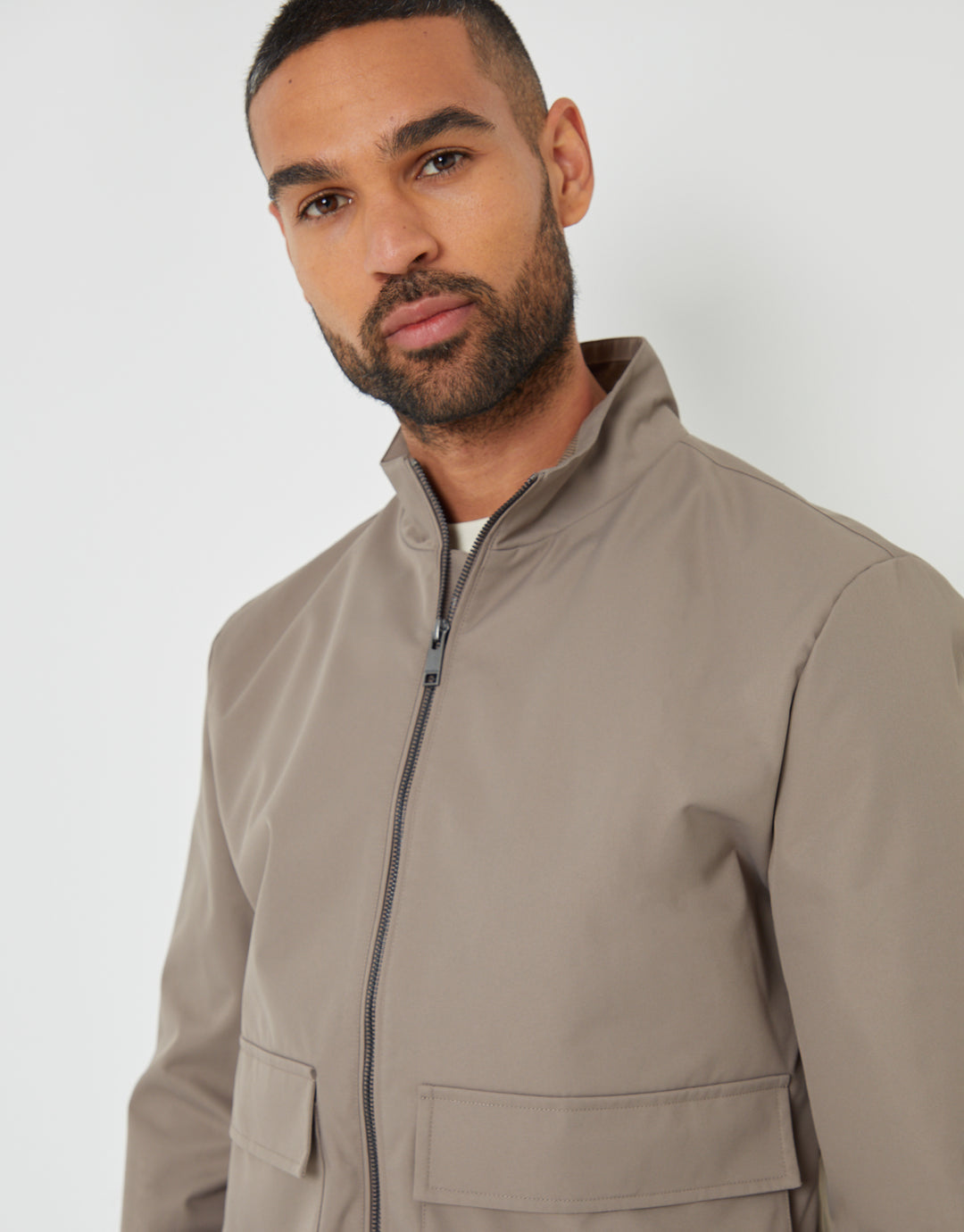 Taupe Patch Pocket Funnel Neck Harrington Style Jacket