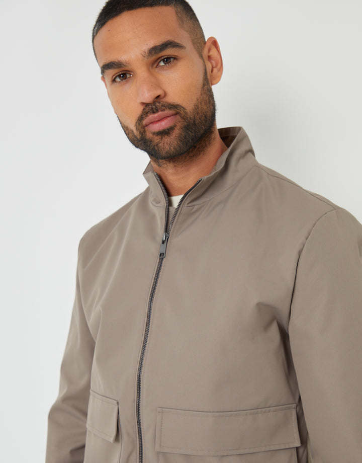 Taupe Patch Pocket Funnel Neck Harrington Style Jacket