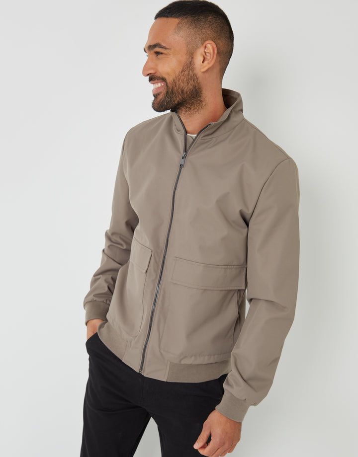 Taupe Patch Pocket Funnel Neck Harrington Style Jacket