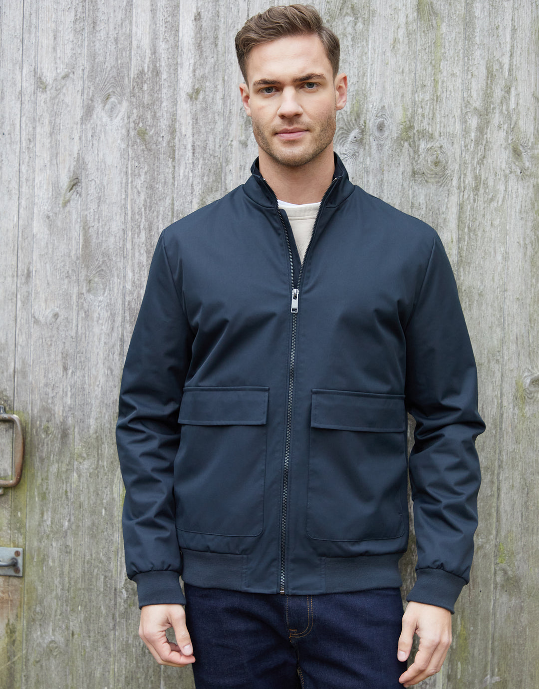 Navy Patch Pocket Funnel Neck Harrington Style Jacket