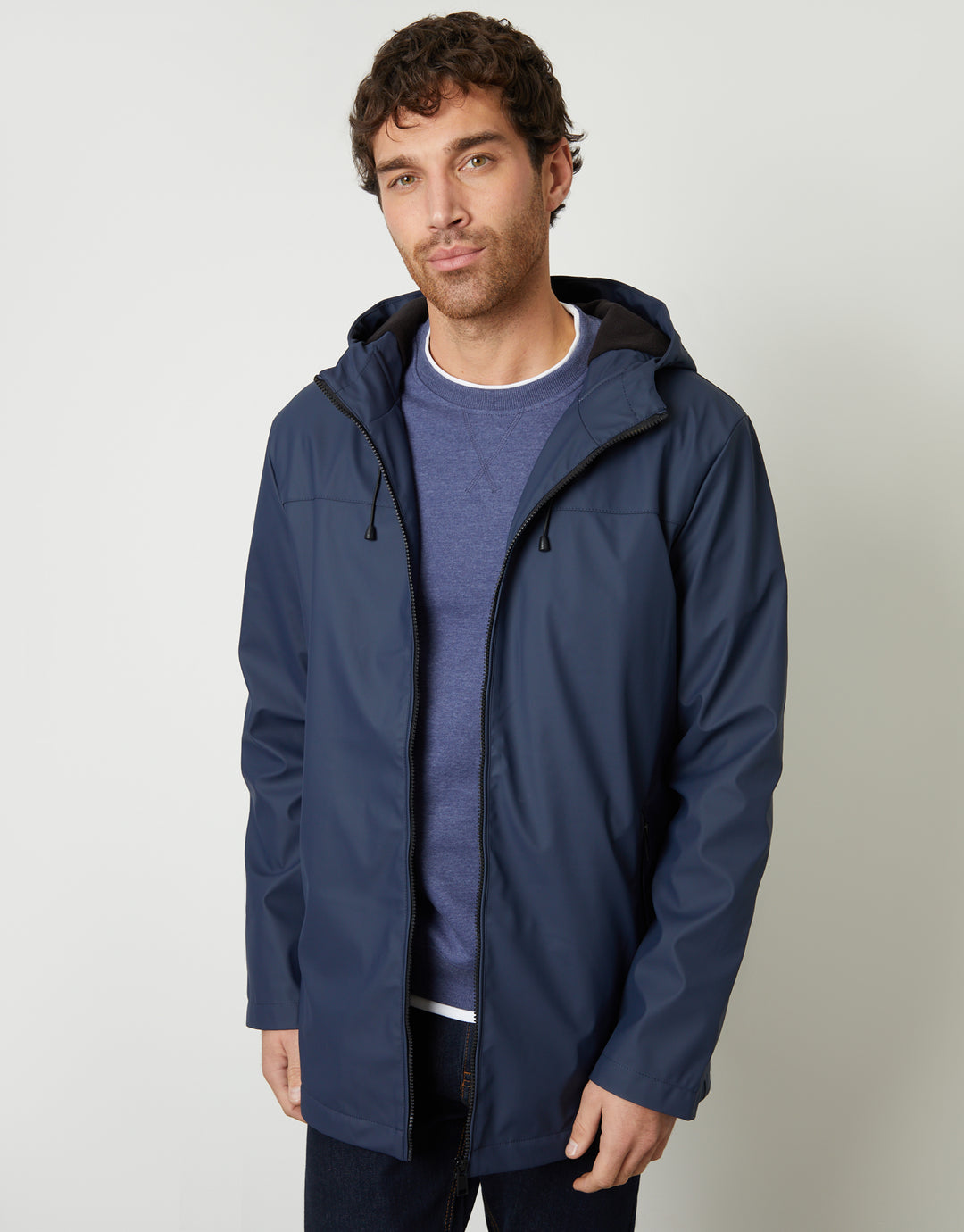 Navy Microfleece Lined Hooded Rubberised Raincoat