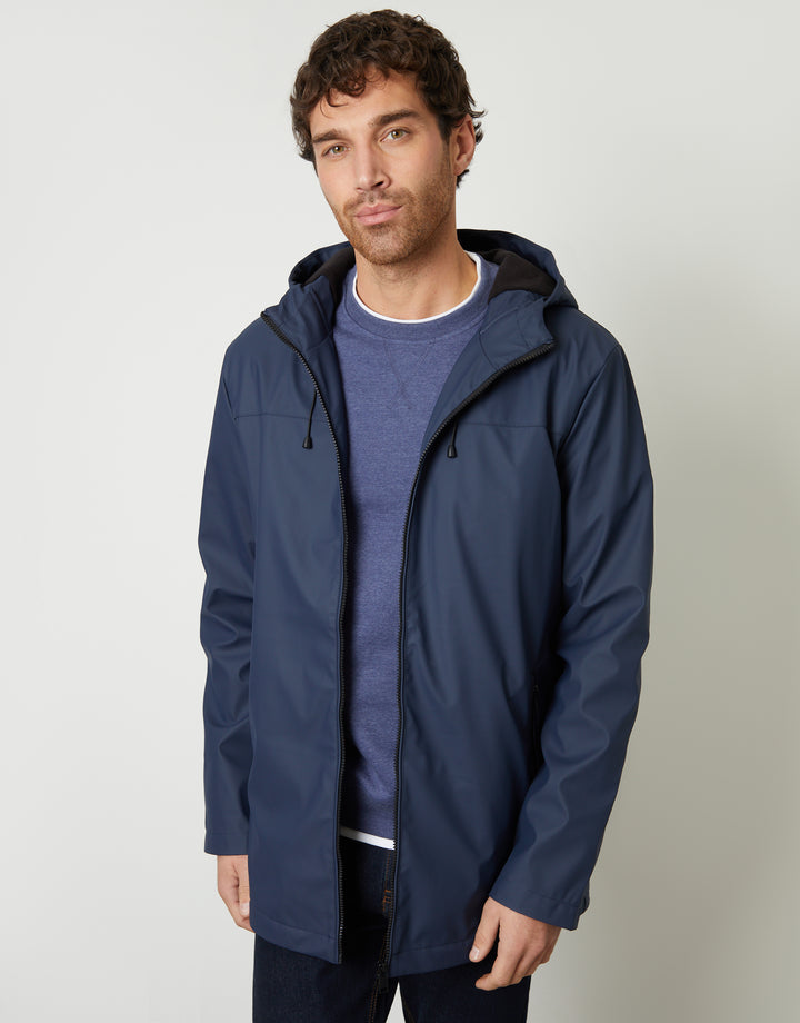 Navy Microfleece Lined Hooded Rubberised Raincoat