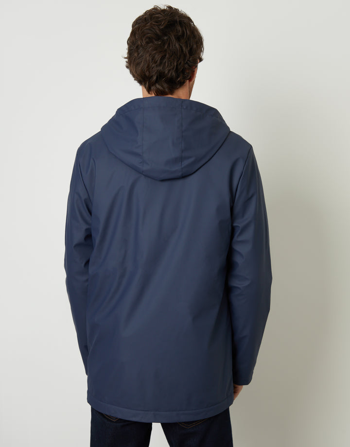 Navy Microfleece Lined Hooded Rubberised Raincoat