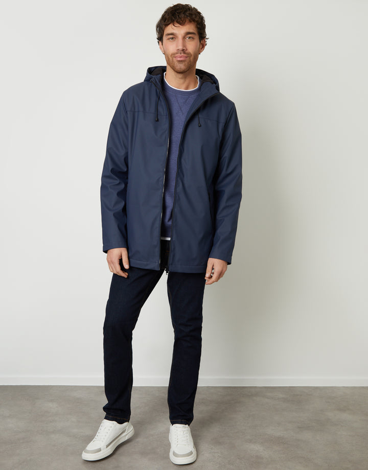 Navy Microfleece Lined Hooded Rubberised Raincoat