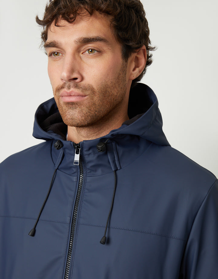 Navy Microfleece Lined Hooded Rubberised Raincoat