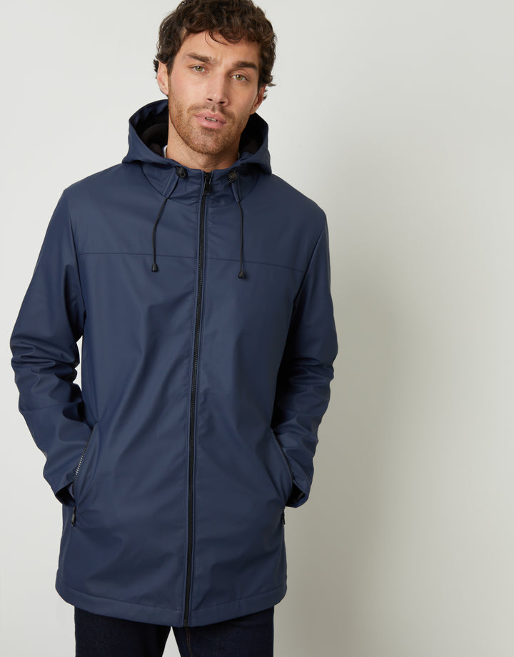 Navy Microfleece Lined Hooded Rubberised Raincoat